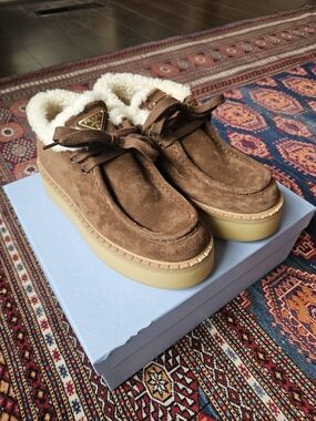 Prada Brown Suede Shearling-Lined Loafers